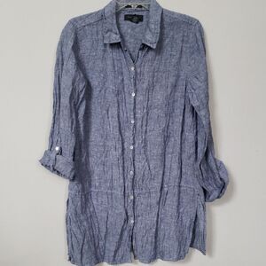 Tahari Shirt Womens M Linen Blue Button-Up Roll Tab Tunic Cover Up Beach Travel